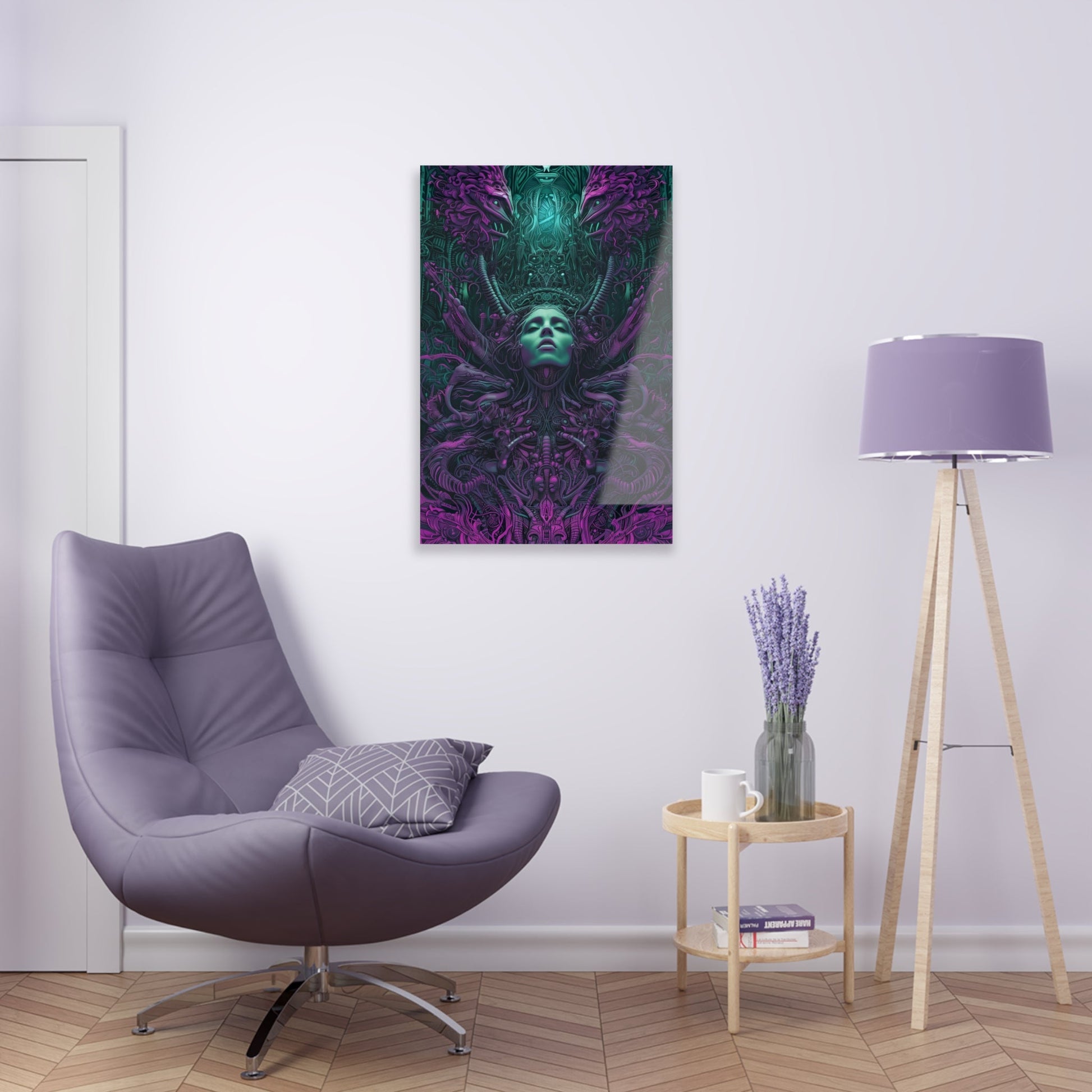 Vertical-oriented artwork: Illustration inspired artwork featuring an otherworldly queen with green skin and purple tentacles, set against a dark and mysterious background. The queen's symmetrical face and intricate design elements evoke an aura of eerie mystique.