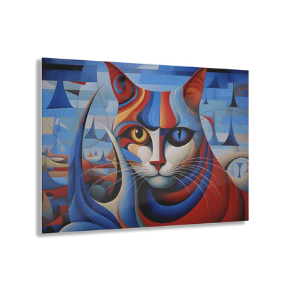 Horizontal-oriented wall art: A vibrant, cubist-inspired depiction of a cat's face, featuring bold geometric shapes and a striking mix of red, blue, and orange tones. The cat's eyes are prominently highlighted, with one eye in yellow and the other in blue, creating a captivating contrast against the abstract background.