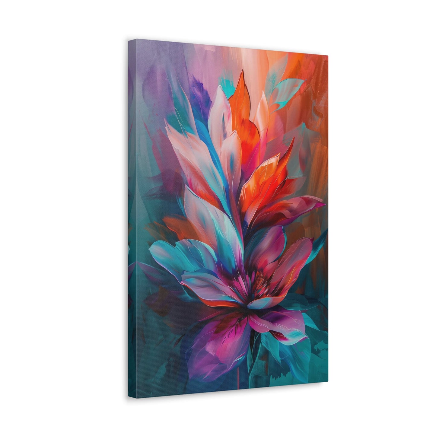 Vertical-oriented artwork: Vivid Floral Kaleidoscope - An abstract still life painting featuring a dynamic mix of colorful flowers in a kaleidoscopic arrangement, bursting with vibrant hues and intricate patterns.