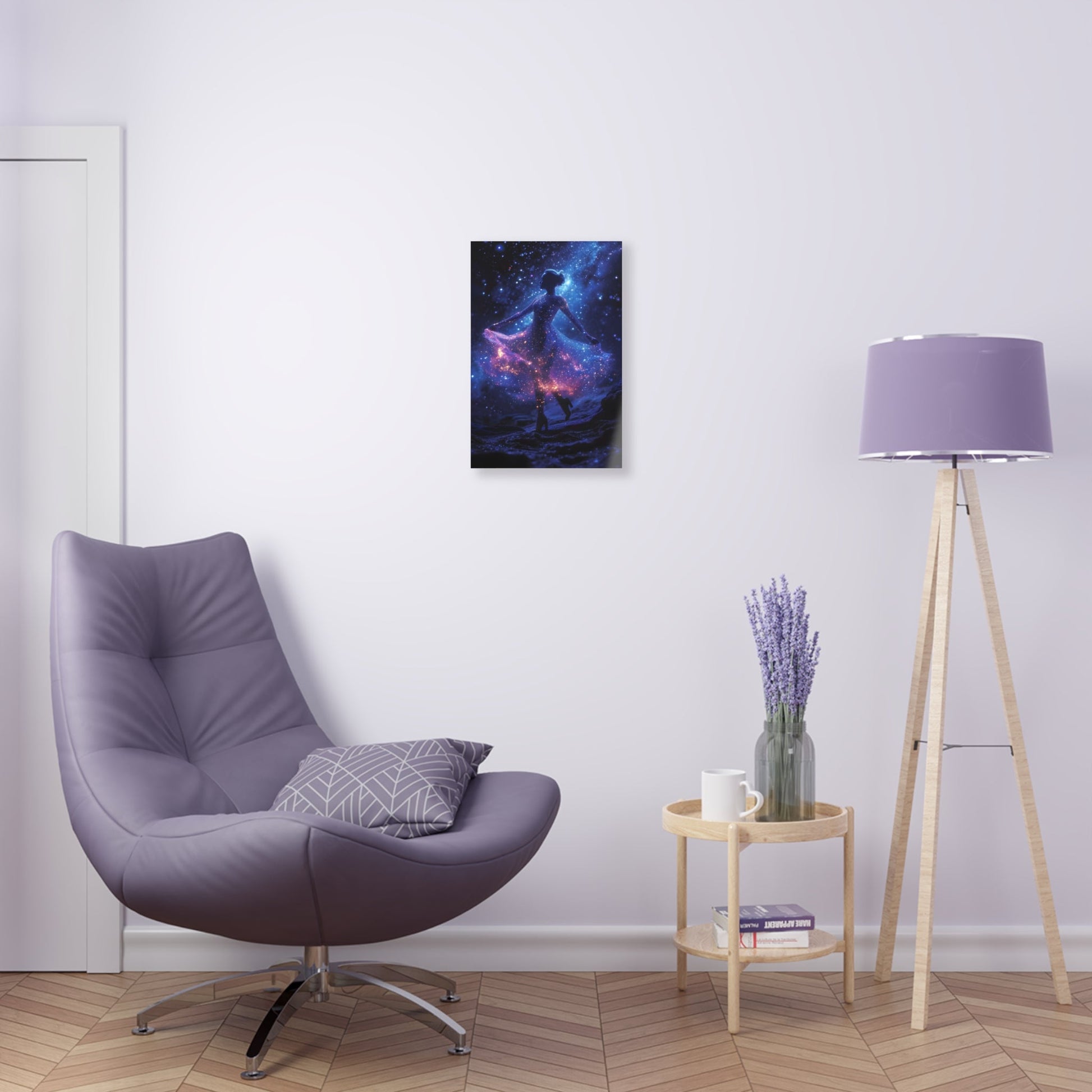 Capturing the celestial grace of a ballerina dancing amidst stars, Cosmic Ballet wall art adds an enchanting touch of cosmic elegance to your space, featuring a celestial dancer with a dress adorned by cosmic constellations with blue, pink, and purple hues.