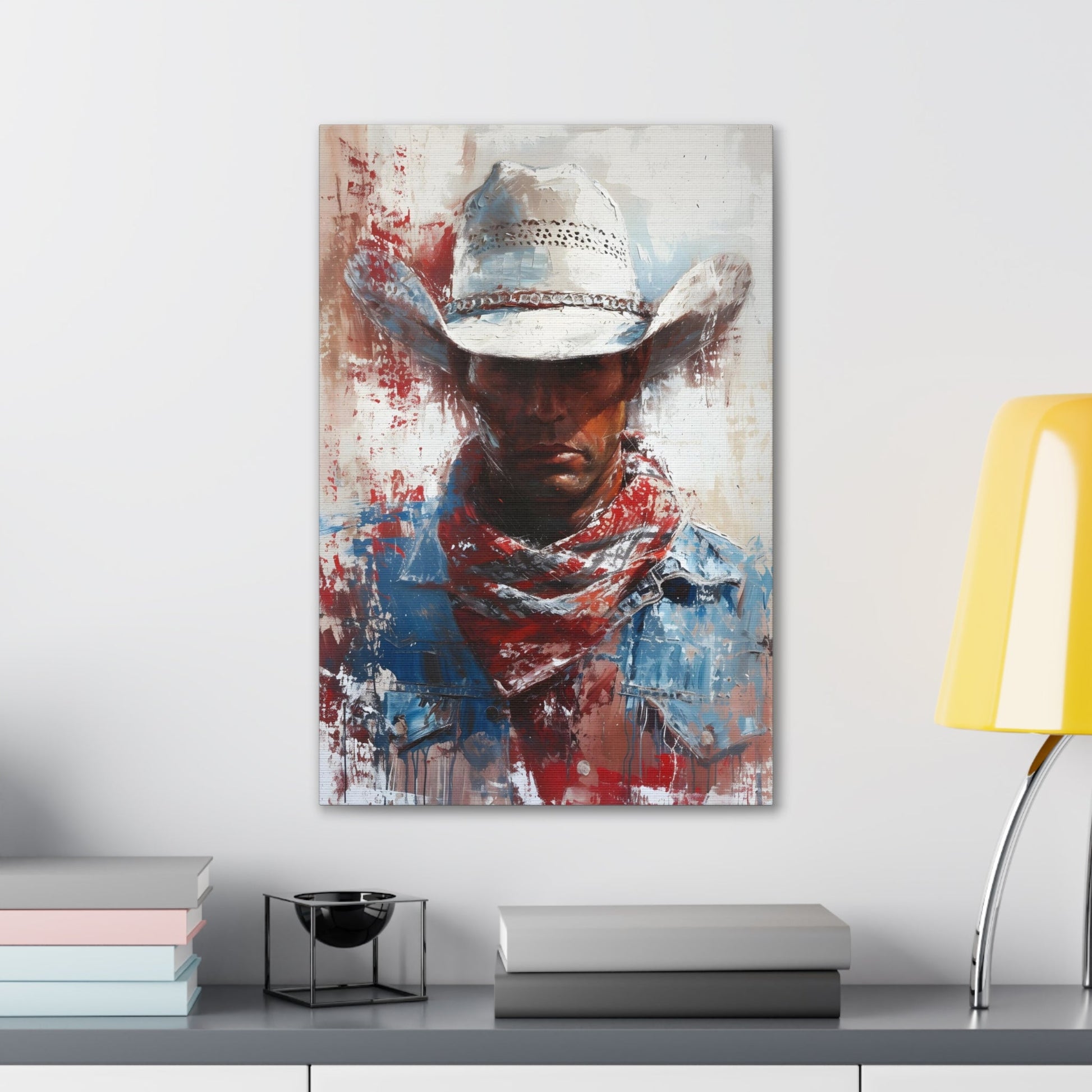 Vertical-oriented artwork: Portrait of a Cowboy II depicts a close-up portrait of a lone cowboy, his face partially obscured by a wide-brimmed hat, rendered in the Impressionist style with charming details and contrasting values, capturing the rugged beauty of the Old West.