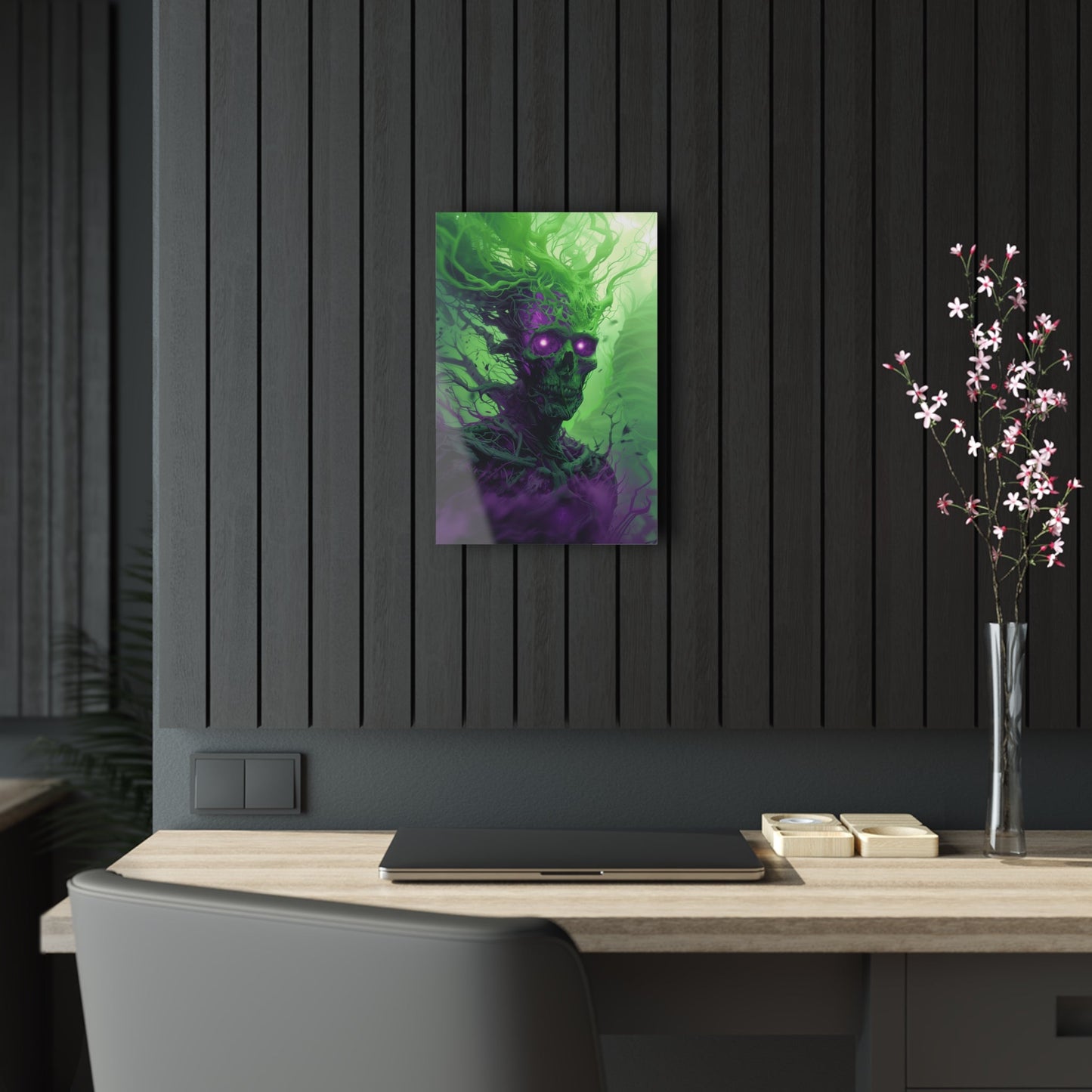 Vertical-oriented artwork: An eerie illustration featuring a mystical lich with glowing eyes, surrounded by eldritch energies in shades of green and purple, against a dark, ominous background.