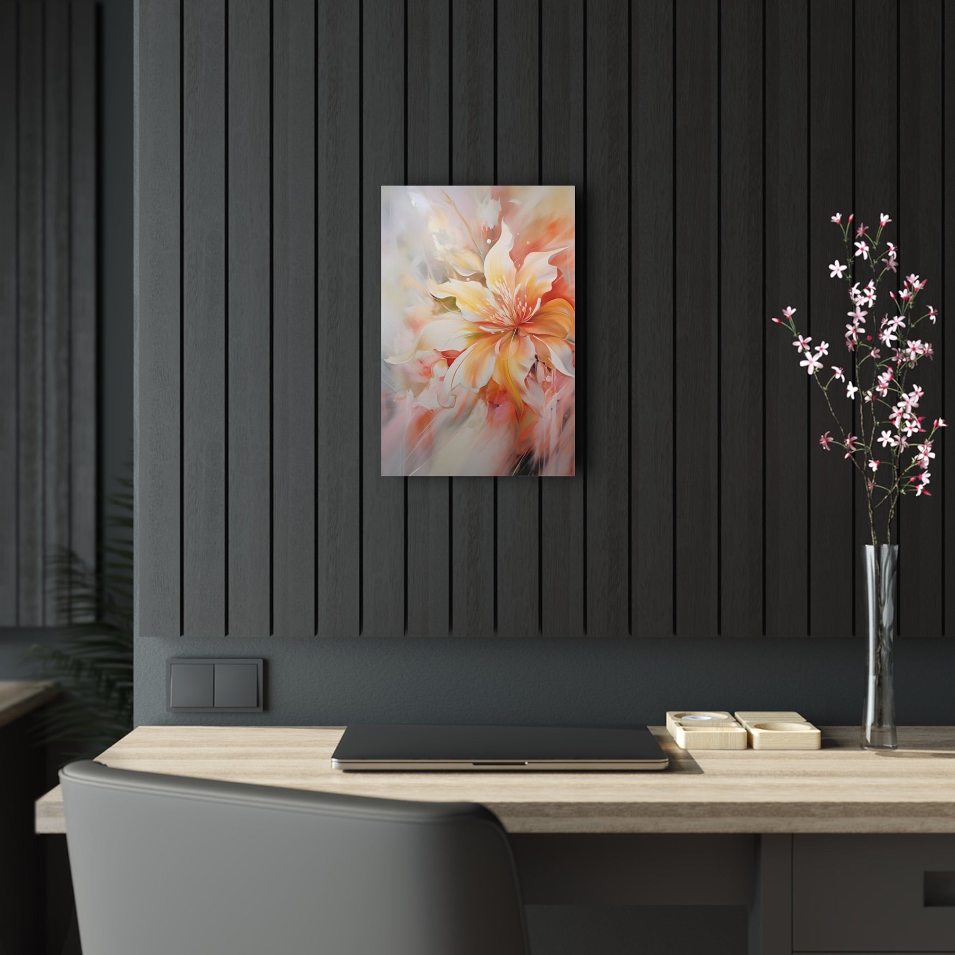 Vertical-Oriented wall art: "Whispering Ivory II" A soft, ivory-colored flower with gentle petals in shades of cream, peach, and blush, captured in flowing brushstrokes. This abstract artwork exudes tranquility and elegance, creating a serene atmosphere.