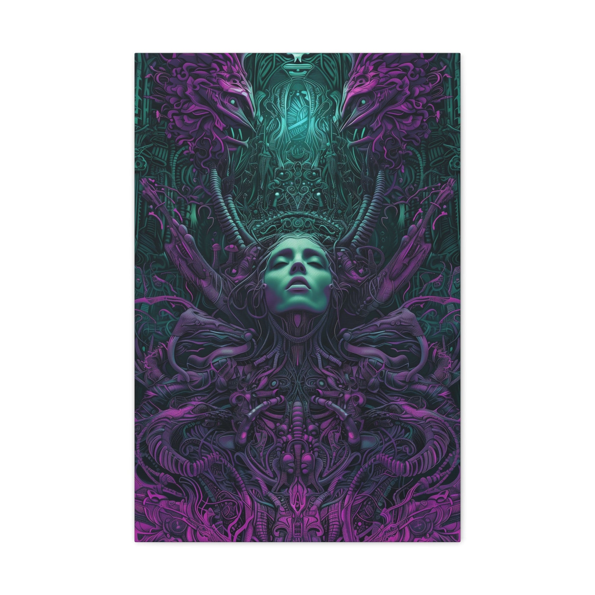 Vertical-oriented artwork: Illustration inspired artwork featuring an otherworldly queen with green skin and purple tentacles, set against a dark and mysterious background. The queen's symmetrical face and intricate design elements evoke an aura of eerie mystique.