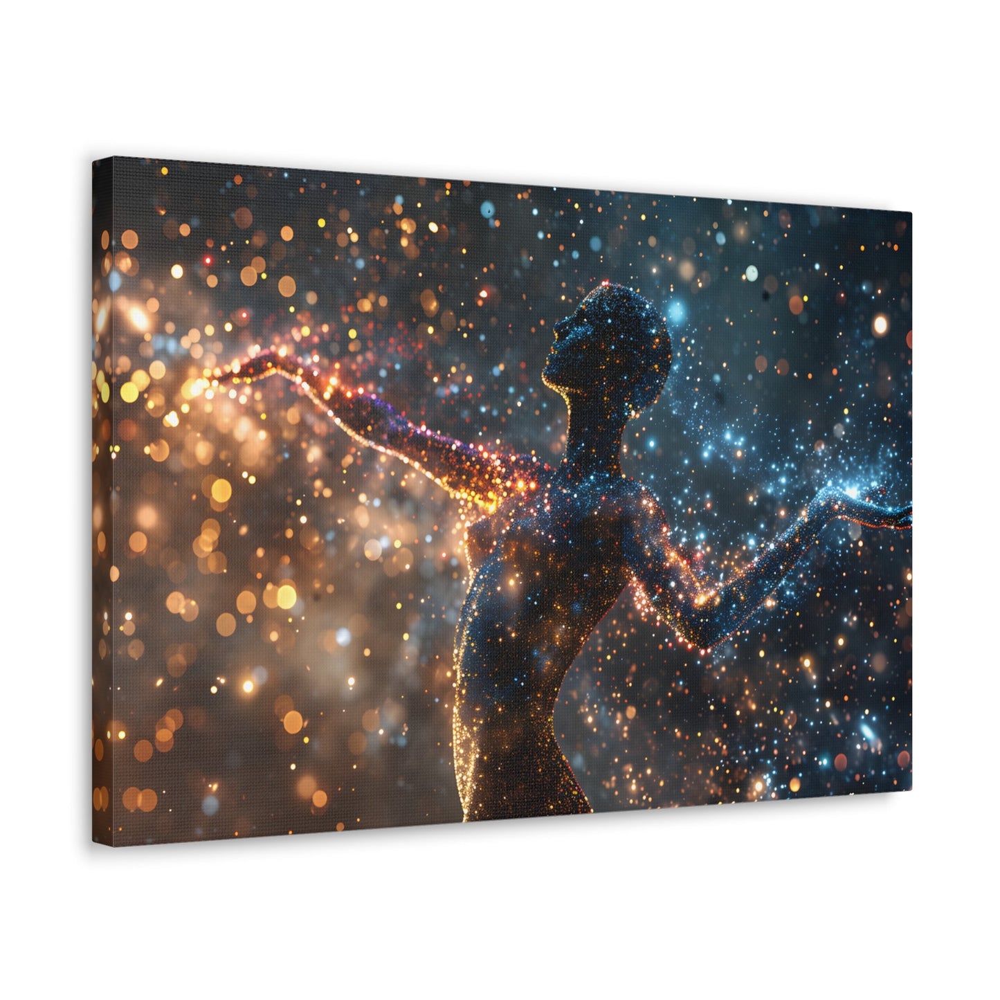 Captivating pointillism artwork featuring a graceful female silhouette amidst a cosmic backdrop, seamlessly blending celestial elements and the elegance of the human form in Stellar Poise.