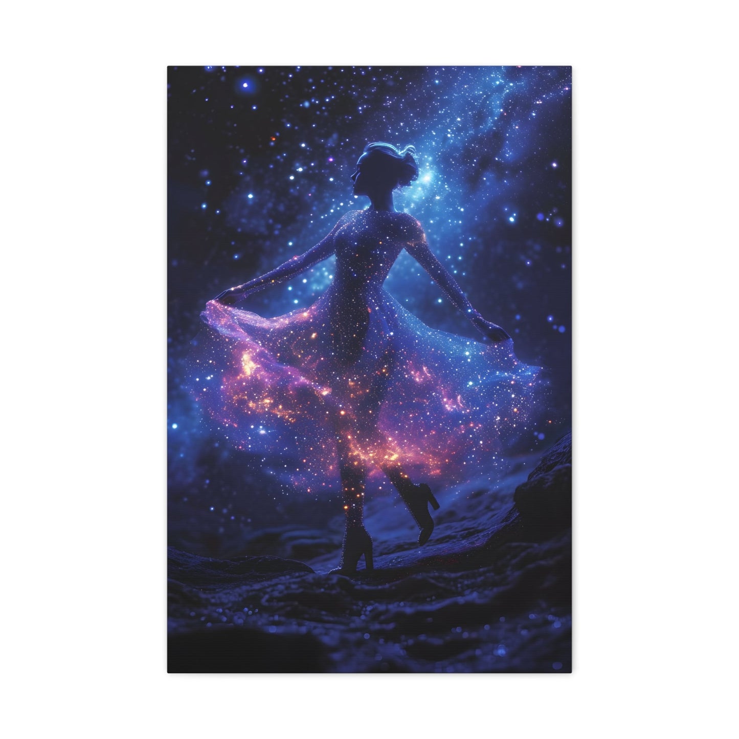 Capturing the celestial grace of a ballerina dancing amidst stars, Cosmic Ballet wall art adds an enchanting touch of cosmic elegance to your space, featuring a celestial dancer with a dress adorned by cosmic constellations with blue, pink, and purple hues.