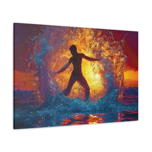 Spectral Seafarer III portrays a male silhouette frolicking amid celestial oceanic waves, a captivating sunset in the backdrop, blending ethereal beauty with the grace of the underwater world, in a stunning display of pointillism-infused art.