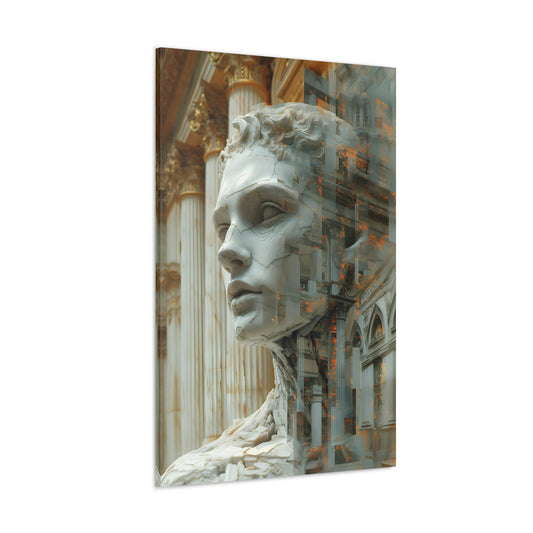 Digital Duality a vertical oriented Neoclassical style piece that showcases a male statue-like android set against a digitally reimagined Renaissance background, creating a captivating blend of classical and modern elements in fragmented portraiture.