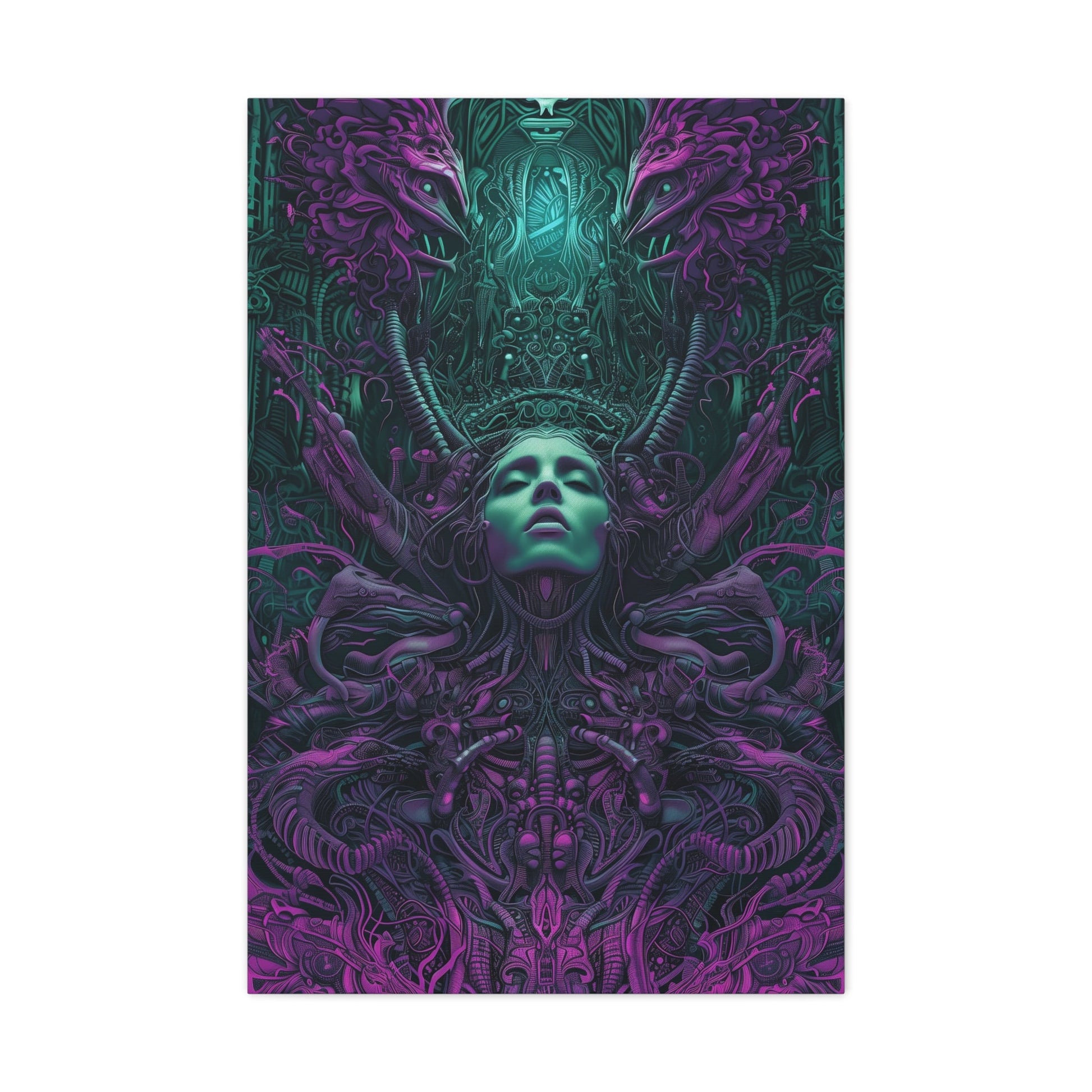 Vertical-oriented artwork: Illustration inspired artwork featuring an otherworldly queen with green skin and purple tentacles, set against a dark and mysterious background. The queen's symmetrical face and intricate design elements evoke an aura of eerie mystique.