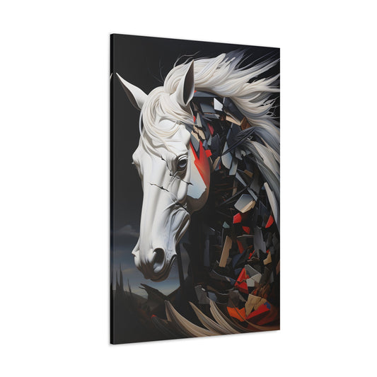 Vertical-oriented wall art: A striking abstract artwork featuring a white horse with a realistic head and flowing mane, contrasted by its fragmented, geometric body in shades of black, red, and gray. The surreal composition blends organic elegance with angular shapes, set against a dark, dramatic background.