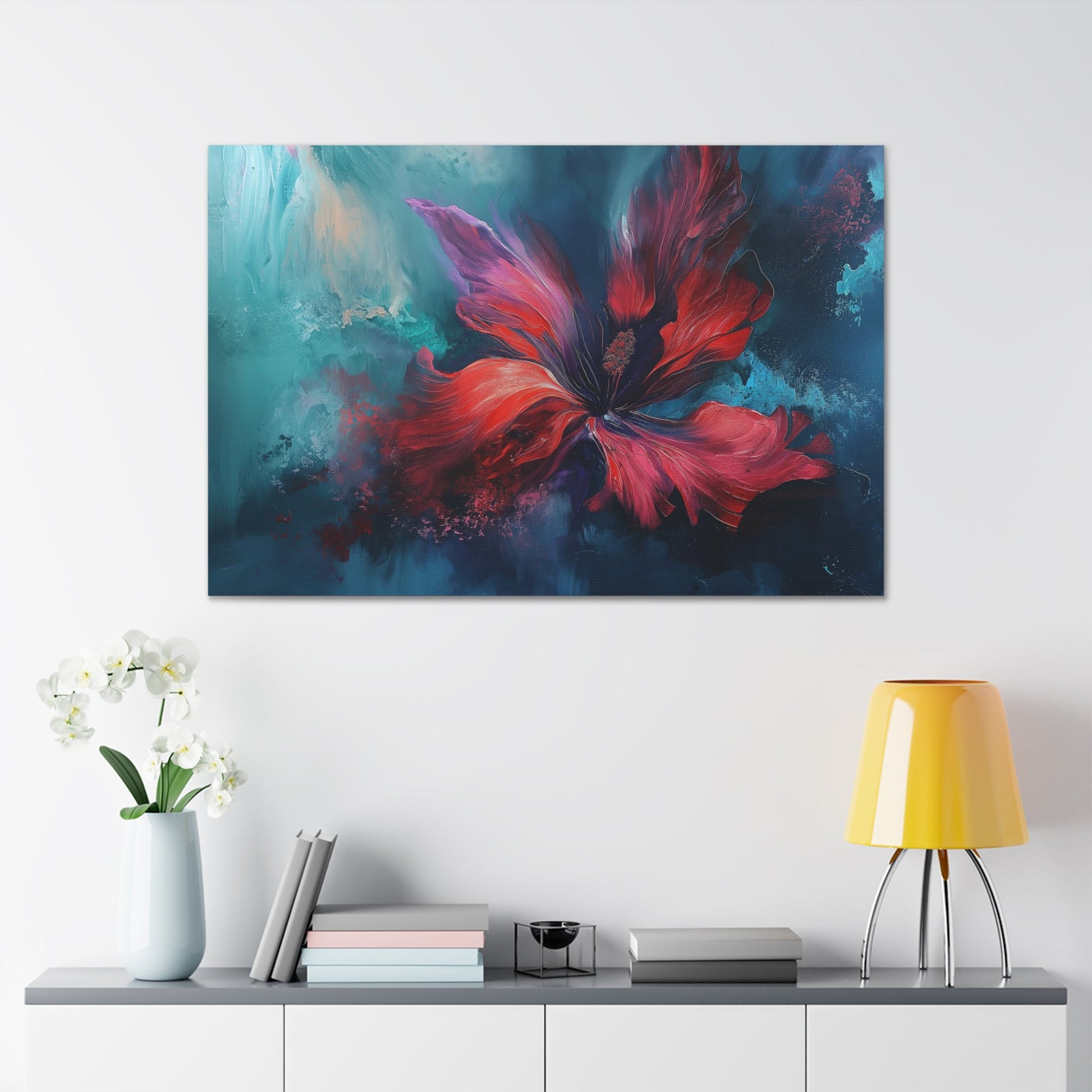 Horizontal-oriented wall art: "Crimson Bloom" A vibrant red flower in full bloom, with delicate crimson petals unfolding against a serene blue background. This abstract artwork captures the elegance and tranquility of nature, inviting a sense of calm and introspection.