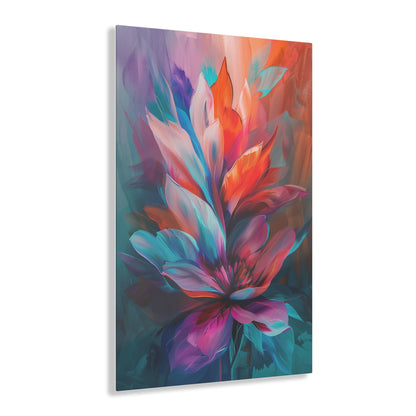 Vertical-oriented artwork: Vivid Floral Kaleidoscope - An abstract still life painting featuring a dynamic mix of colorful flowers in a kaleidoscopic arrangement, bursting with vibrant hues and intricate patterns.