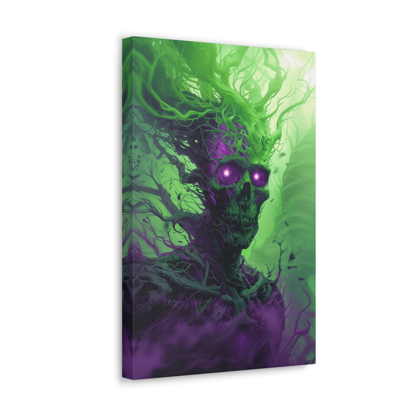 Vertical-oriented artwork: An eerie illustration featuring a mystical lich with glowing eyes, surrounded by eldritch energies in shades of green and purple, against a dark, ominous background.