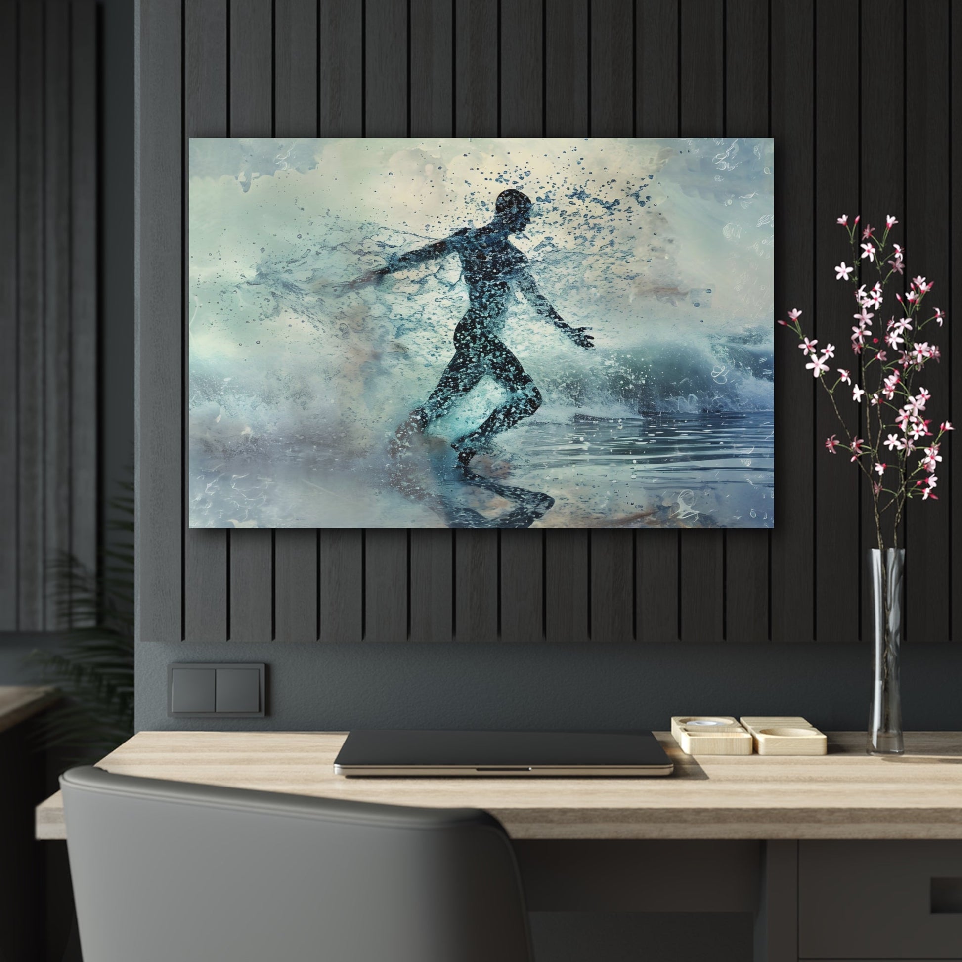 Spectral Seafarer" portrays a male silhouette dancing amid celestial oceanic waves, blending ethereal beauty with the grace of the underwater world, in a stunning display of pointillism-infused art.