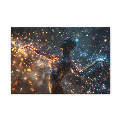 Captivating pointillism artwork featuring a graceful female silhouette amidst a cosmic backdrop, seamlessly blending celestial elements and the elegance of the human form in Stellar Poise.