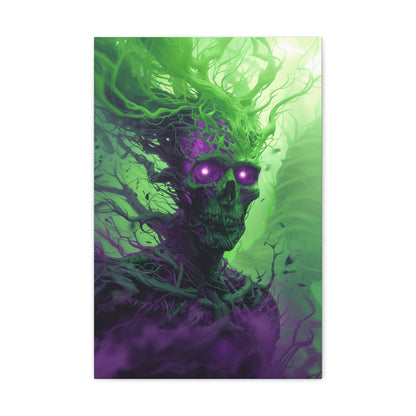 Vertical-oriented artwork: An eerie illustration featuring a mystical lich with glowing eyes, surrounded by eldritch energies in shades of green and purple, against a dark, ominous background.