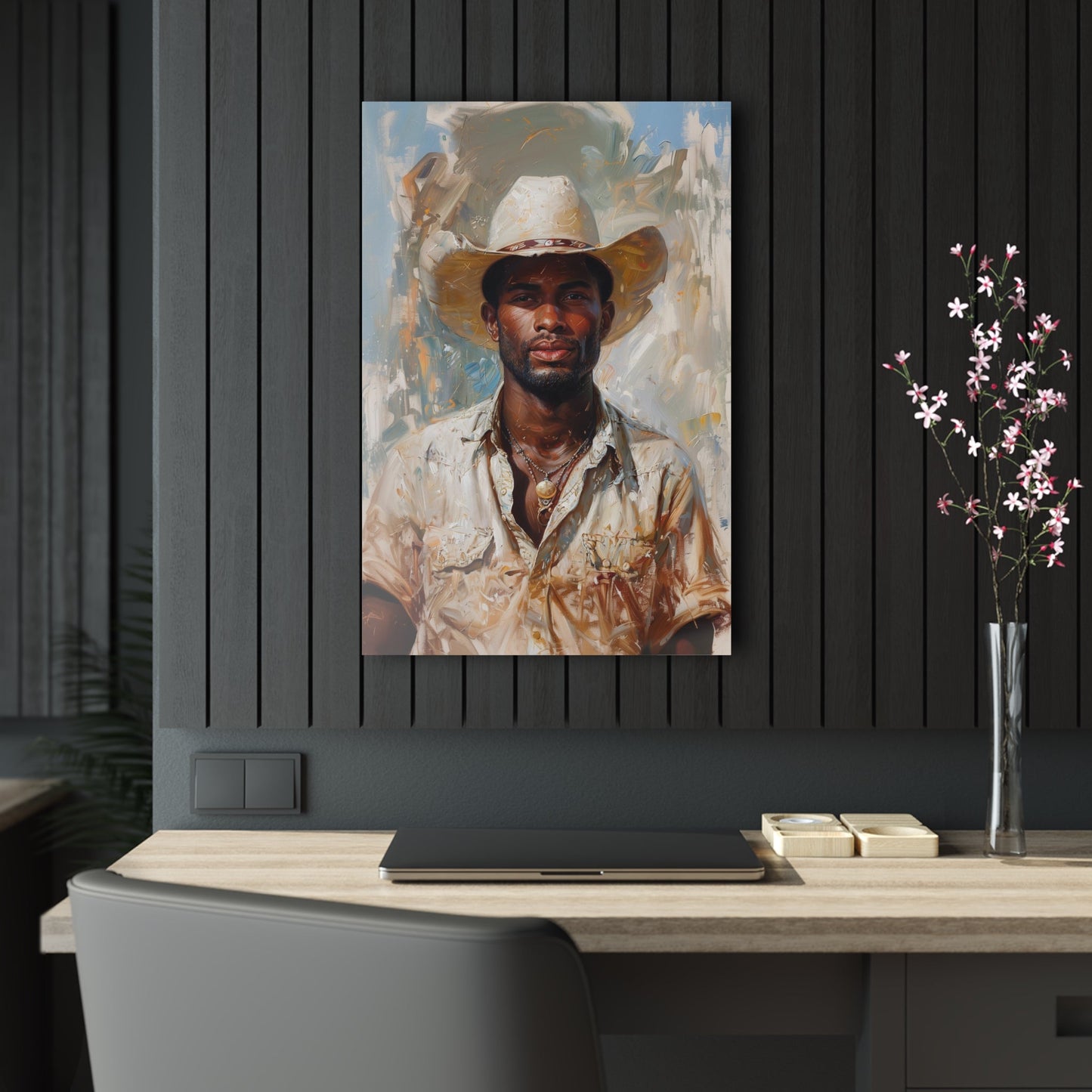 Vertical-oriented artwork: Portrait of a Cowboy IV depicts a close-up portrait of an african-american lone cowboy, his face partially obscured by a wide-brimmed hat, rendered in the Impressionist style with charming details and contrasting values, capturing the rugged beauty of the Old West.