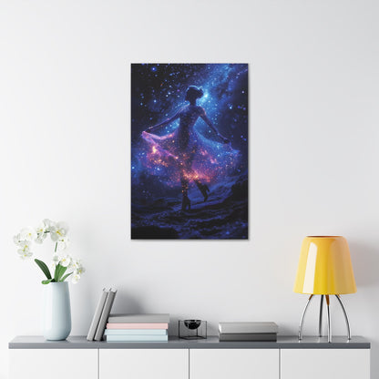 Capturing the celestial grace of a ballerina dancing amidst stars, Cosmic Ballet wall art adds an enchanting touch of cosmic elegance to your space, featuring a celestial dancer with a dress adorned by cosmic constellations with blue, pink, and purple hues.