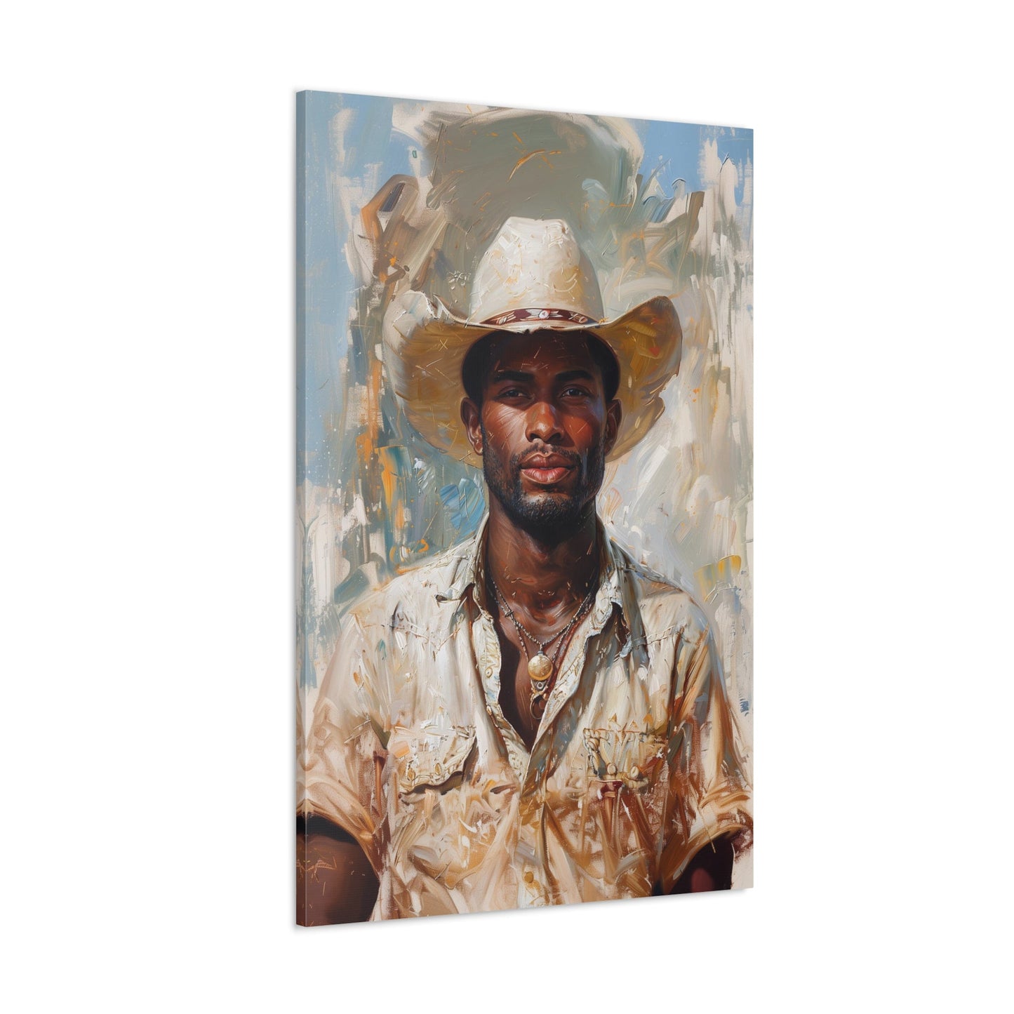 Vertical-oriented artwork: Portrait of a Cowboy IV depicts a close-up portrait of an african-american lone cowboy, his face partially obscured by a wide-brimmed hat, rendered in the Impressionist style with charming details and contrasting values, capturing the rugged beauty of the Old West.