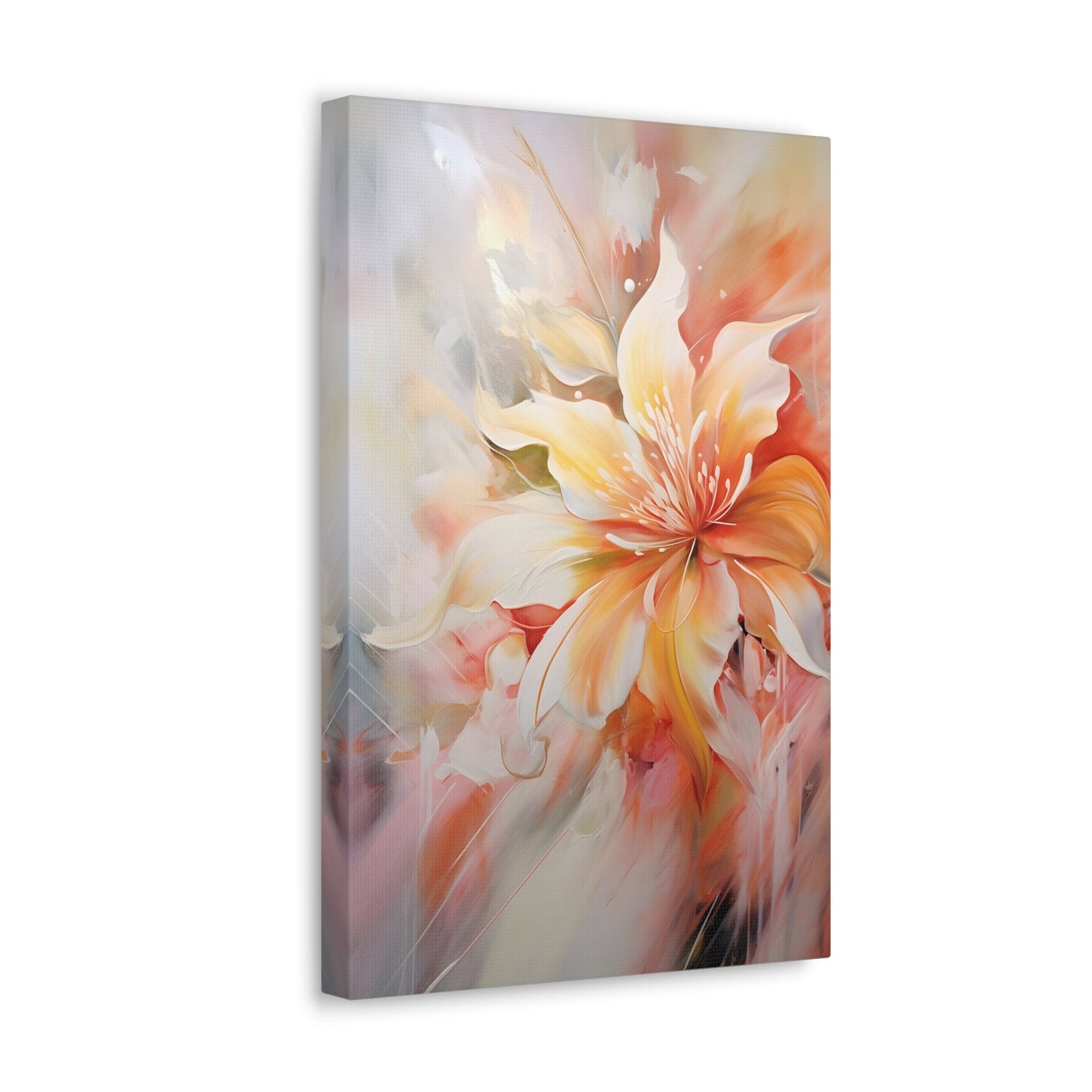 Vertical-Oriented wall art: "Whispering Ivory II" A soft, ivory-colored flower with gentle petals in shades of cream, peach, and blush, captured in flowing brushstrokes. This abstract artwork exudes tranquility and elegance, creating a serene atmosphere.