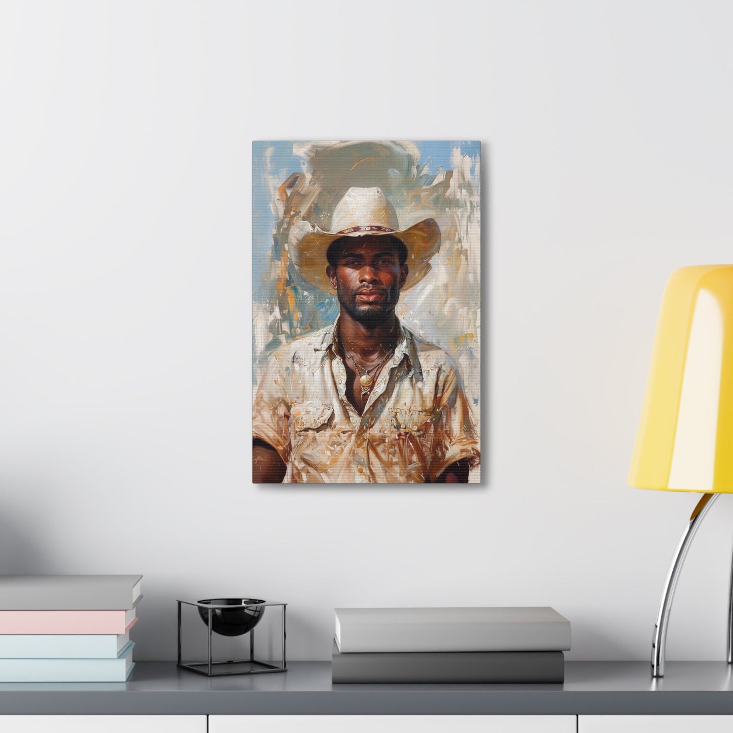 Vertical-oriented artwork: Portrait of a Cowboy IV depicts a close-up portrait of an african-american lone cowboy, his face partially obscured by a wide-brimmed hat, rendered in the Impressionist style with charming details and contrasting values, capturing the rugged beauty of the Old West.