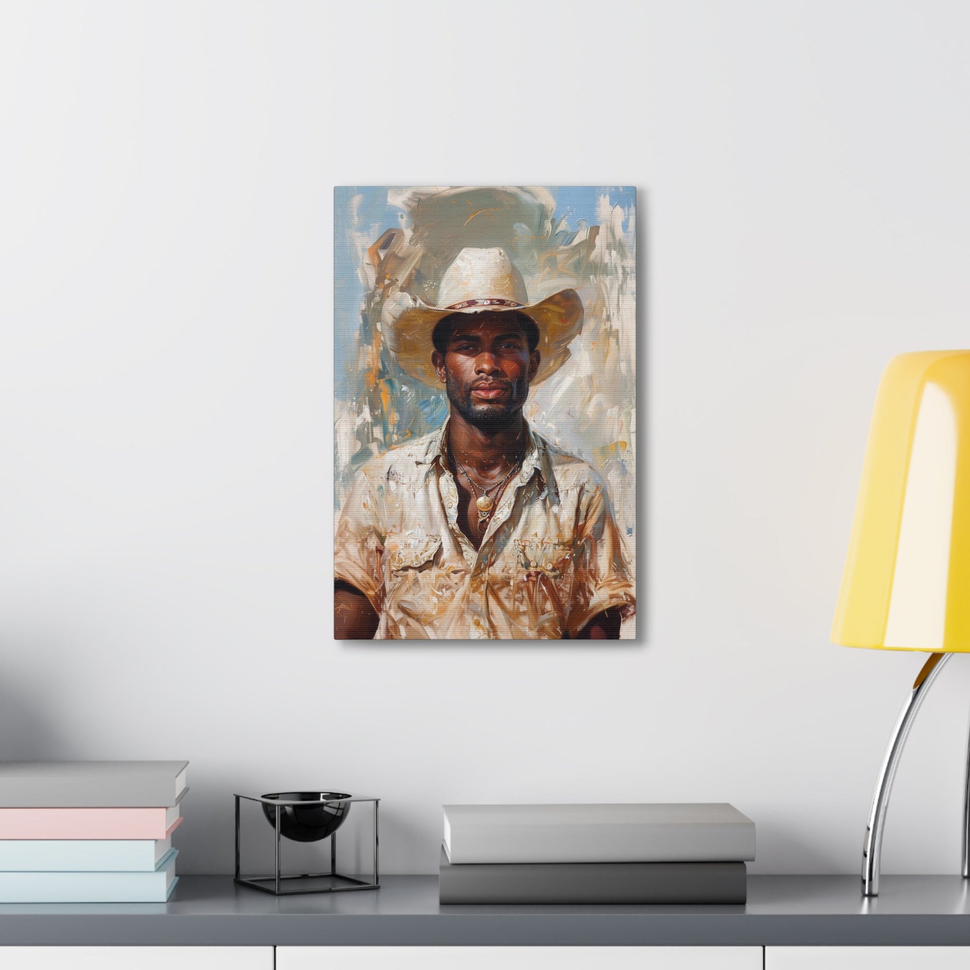 Vertical-oriented artwork: Portrait of a Cowboy IV depicts a close-up portrait of an african-american lone cowboy, his face partially obscured by a wide-brimmed hat, rendered in the Impressionist style with charming details and contrasting values, capturing the rugged beauty of the Old West.