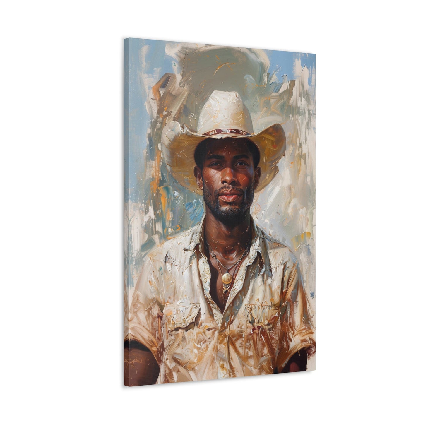 Vertical-oriented artwork: Portrait of a Cowboy IV depicts a close-up portrait of an african-american lone cowboy, his face partially obscured by a wide-brimmed hat, rendered in the Impressionist style with charming details and contrasting values, capturing the rugged beauty of the Old West.