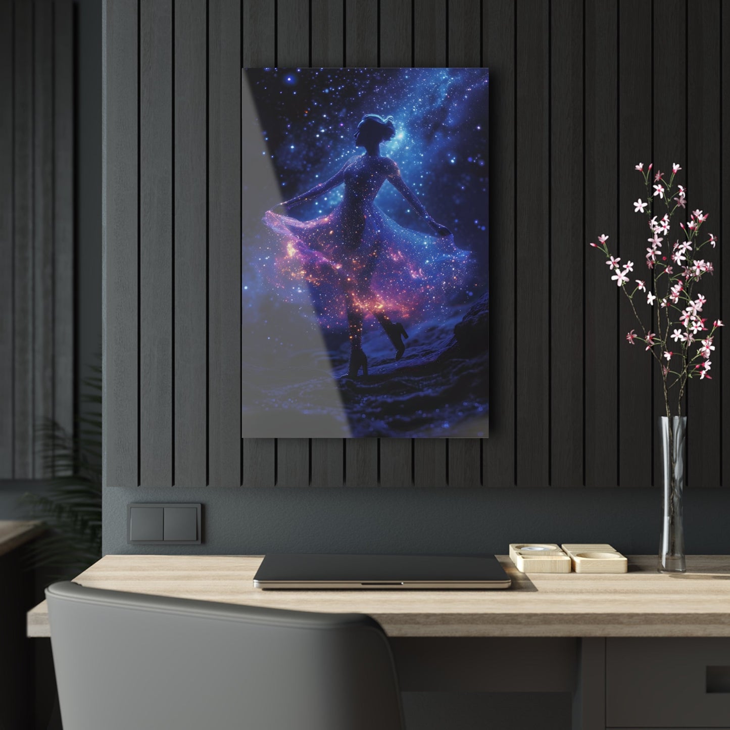 Capturing the celestial grace of a ballerina dancing amidst stars, Cosmic Ballet wall art adds an enchanting touch of cosmic elegance to your space, featuring a celestial dancer with a dress adorned by cosmic constellations with blue, pink, and purple hues.