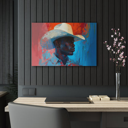 Horizontal-oriented artwork: Portrait of a Cowboy III depicts a close-up portrait of a lone cowboy, his face partially obscured by a wide-brimmed hat, rendered in the Impressionist style with charming details and contrasting values, capturing the rugged beauty of the Old West.