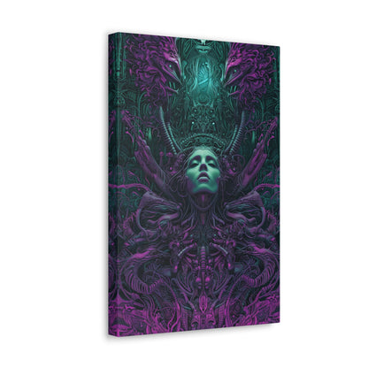 Vertical-oriented artwork: Illustration inspired artwork featuring an otherworldly queen with green skin and purple tentacles, set against a dark and mysterious background. The queen's symmetrical face and intricate design elements evoke an aura of eerie mystique.