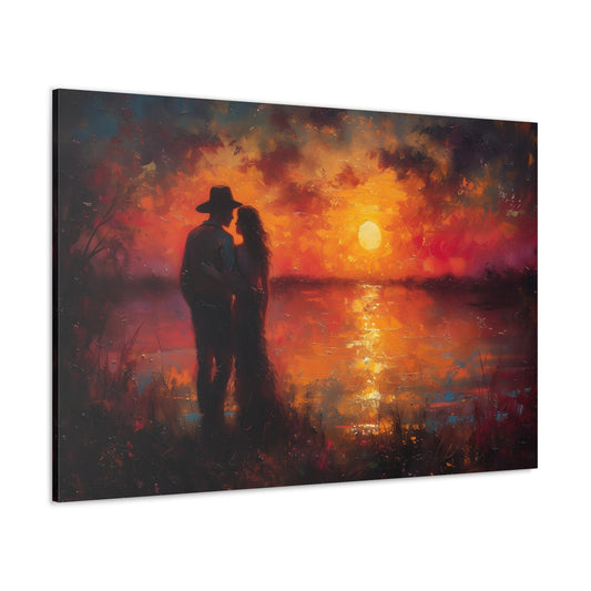 Horizontal-oriented artwork: River of Romance depicts a cowboy and his wife sharing a heartfelt embrace by the peaceful river at sunset. The warm colors of the evening sky mirror the deep affection between the couple, creating a serene and romantic Western scene.