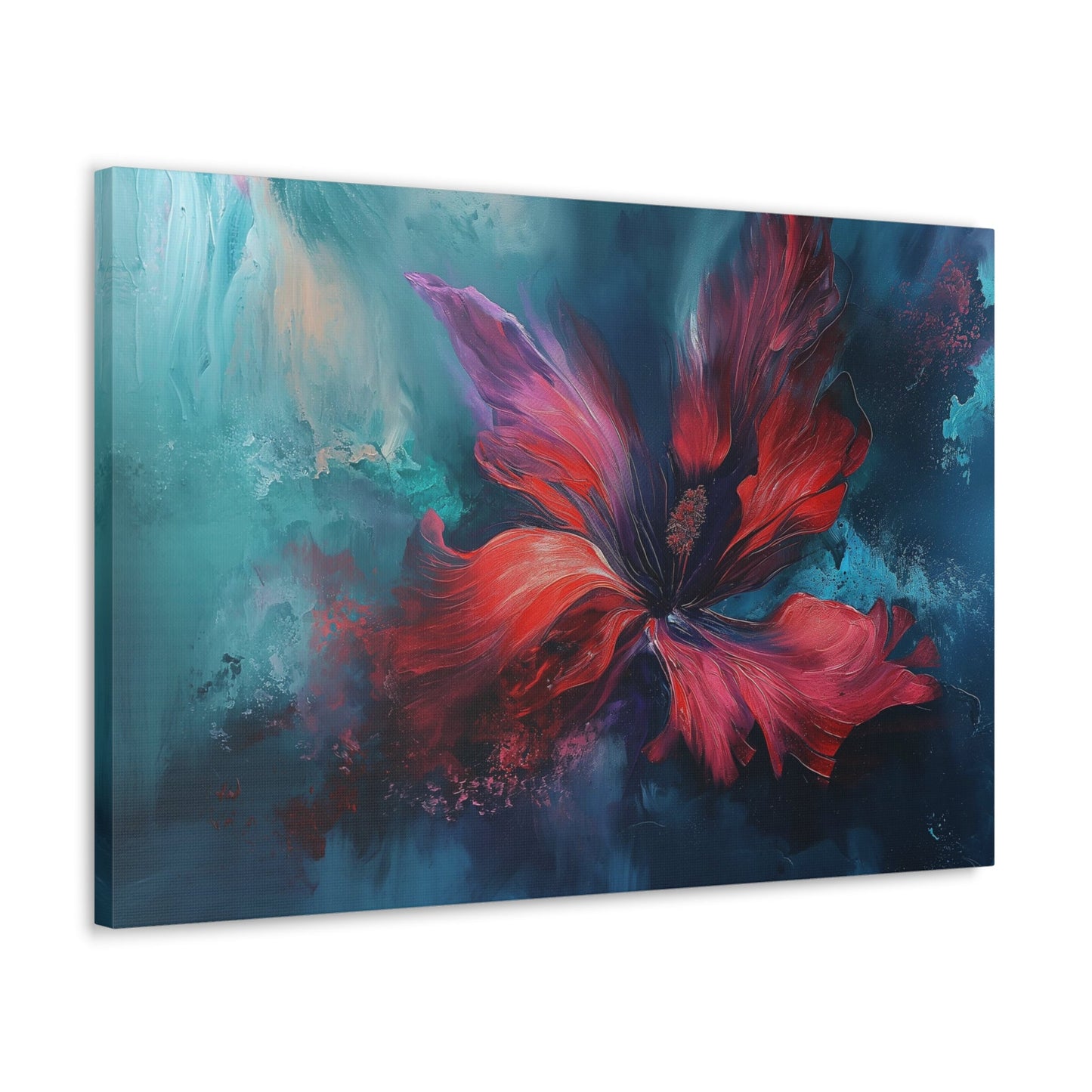 Horizontal-oriented wall art: "Crimson Bloom" A vibrant red flower in full bloom, with delicate crimson petals unfolding against a serene blue background. This abstract artwork captures the elegance and tranquility of nature, inviting a sense of calm and introspection.