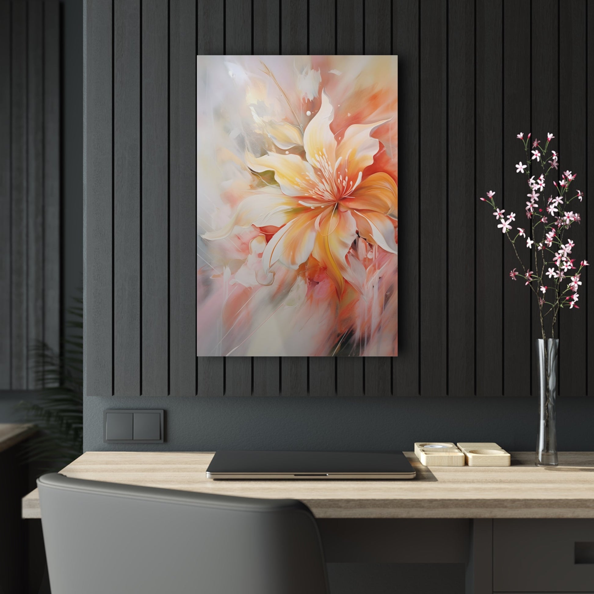 Vertical-Oriented wall art: "Whispering Ivory II" A soft, ivory-colored flower with gentle petals in shades of cream, peach, and blush, captured in flowing brushstrokes. This abstract artwork exudes tranquility and elegance, creating a serene atmosphere.