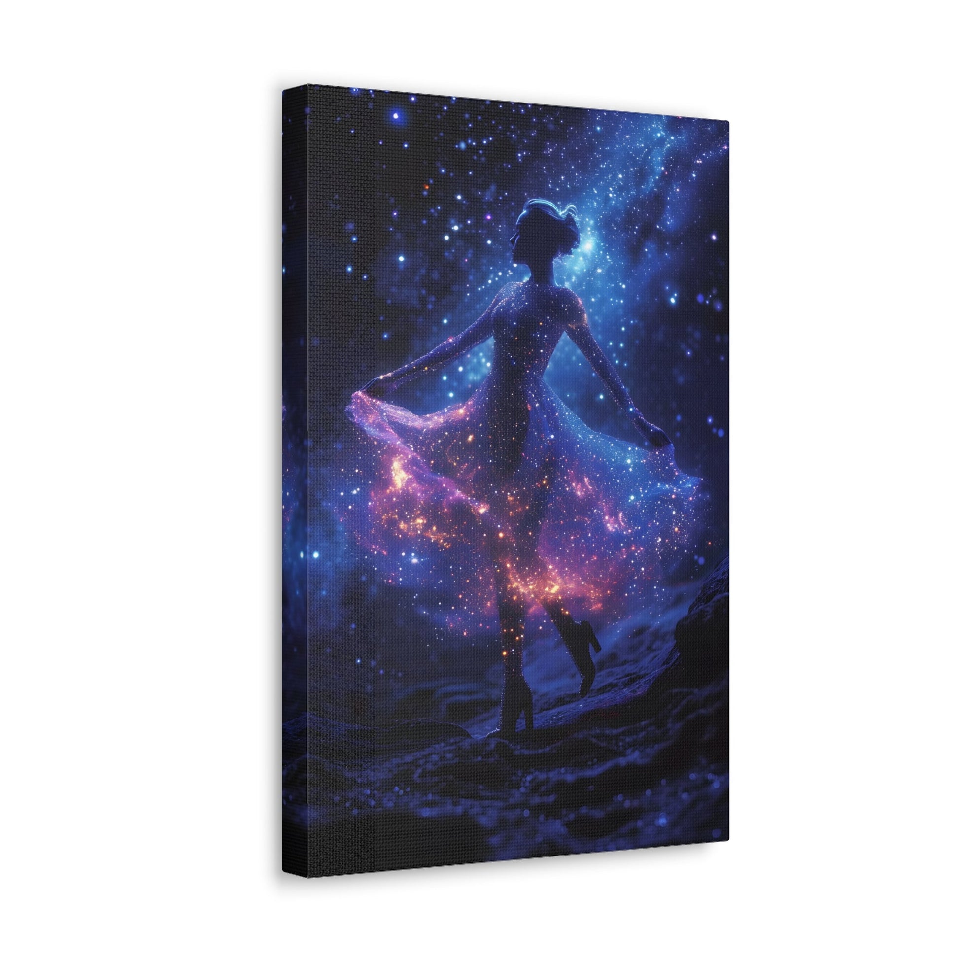 Capturing the celestial grace of a ballerina dancing amidst stars, Cosmic Ballet wall art adds an enchanting touch of cosmic elegance to your space, featuring a celestial dancer with a dress adorned by cosmic constellations with blue, pink, and purple hues.