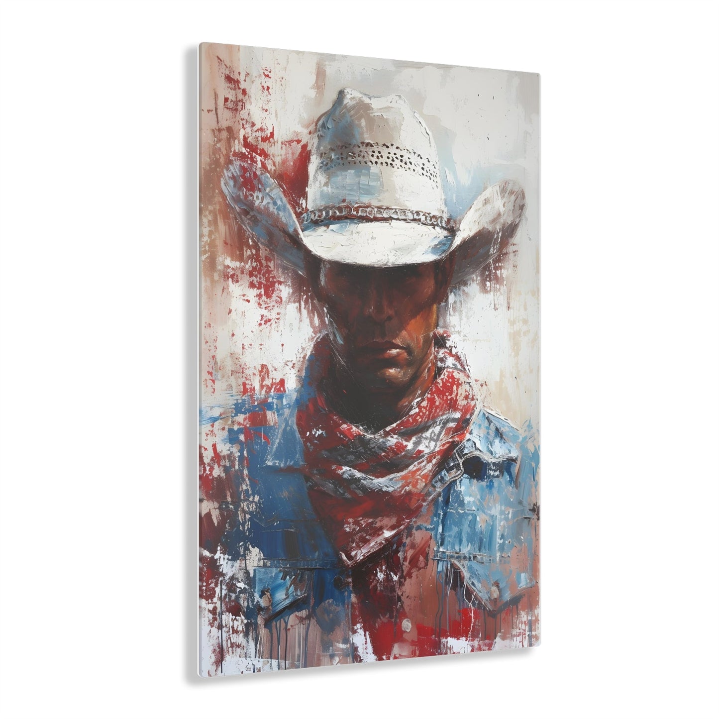 Vertical-oriented artwork: Portrait of a Cowboy II depicts a close-up portrait of a lone cowboy, his face partially obscured by a wide-brimmed hat, rendered in the Impressionist style with charming details and contrasting values, capturing the rugged beauty of the Old West.