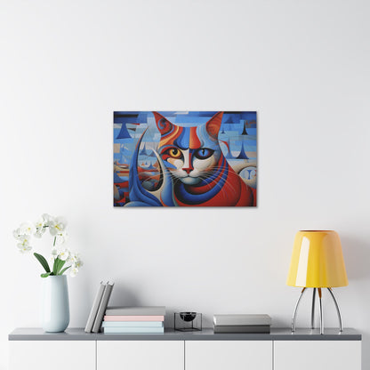 Horizontal-oriented wall art: A vibrant, cubist-inspired depiction of a cat's face, featuring bold geometric shapes and a striking mix of red, blue, and orange tones. The cat's eyes are prominently highlighted, with one eye in yellow and the other in blue, creating a captivating contrast against the abstract background.