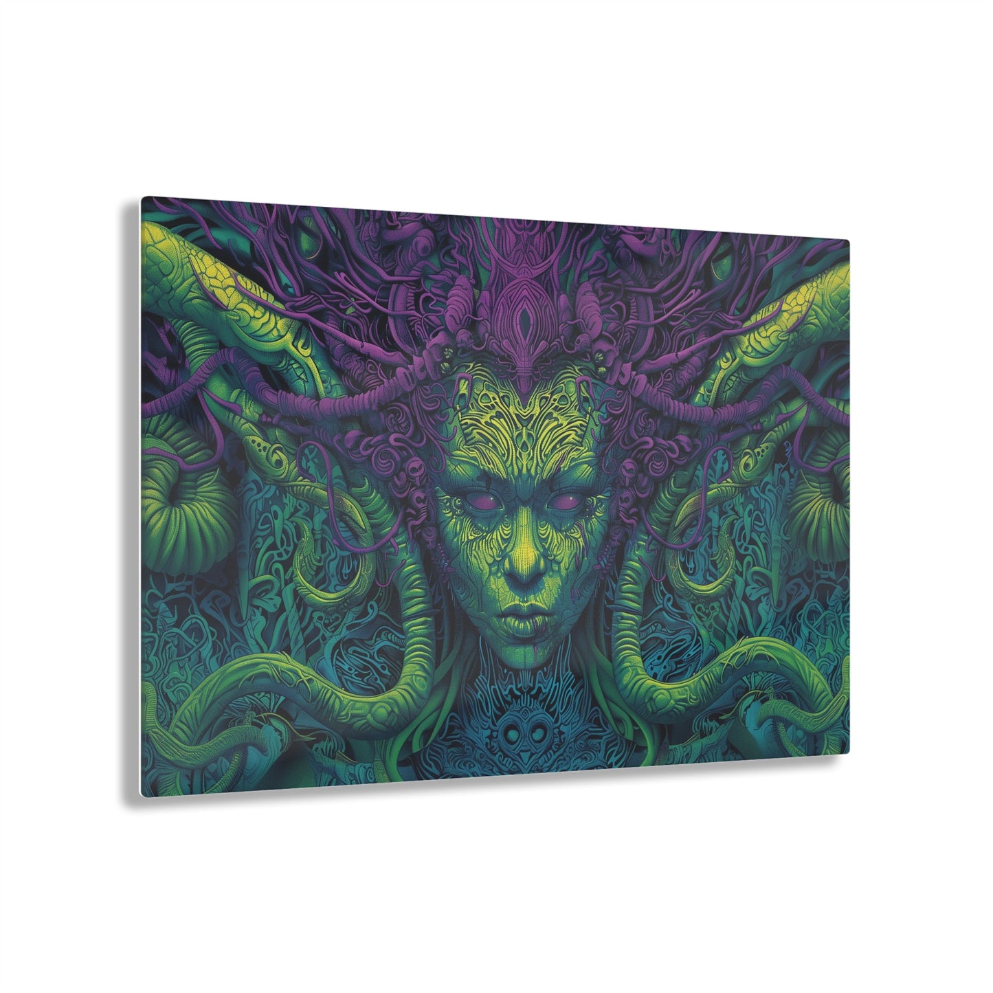 Horizontal-oriented artwork: Illustration inspired artwork featuring an otherworldly queen with green skin and purple tentacles, set against a dark and mysterious background. The queen's symmetrical face and intricate design elements evoke an aura of eerie mystique.