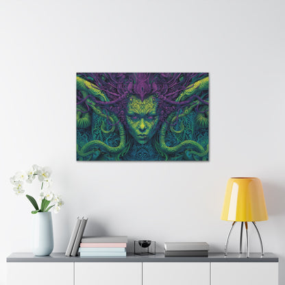 Horizontal-oriented artwork: Illustration inspired artwork featuring an otherworldly queen with green skin and purple tentacles, set against a dark and mysterious background. The queen's symmetrical face and intricate design elements evoke an aura of eerie mystique.