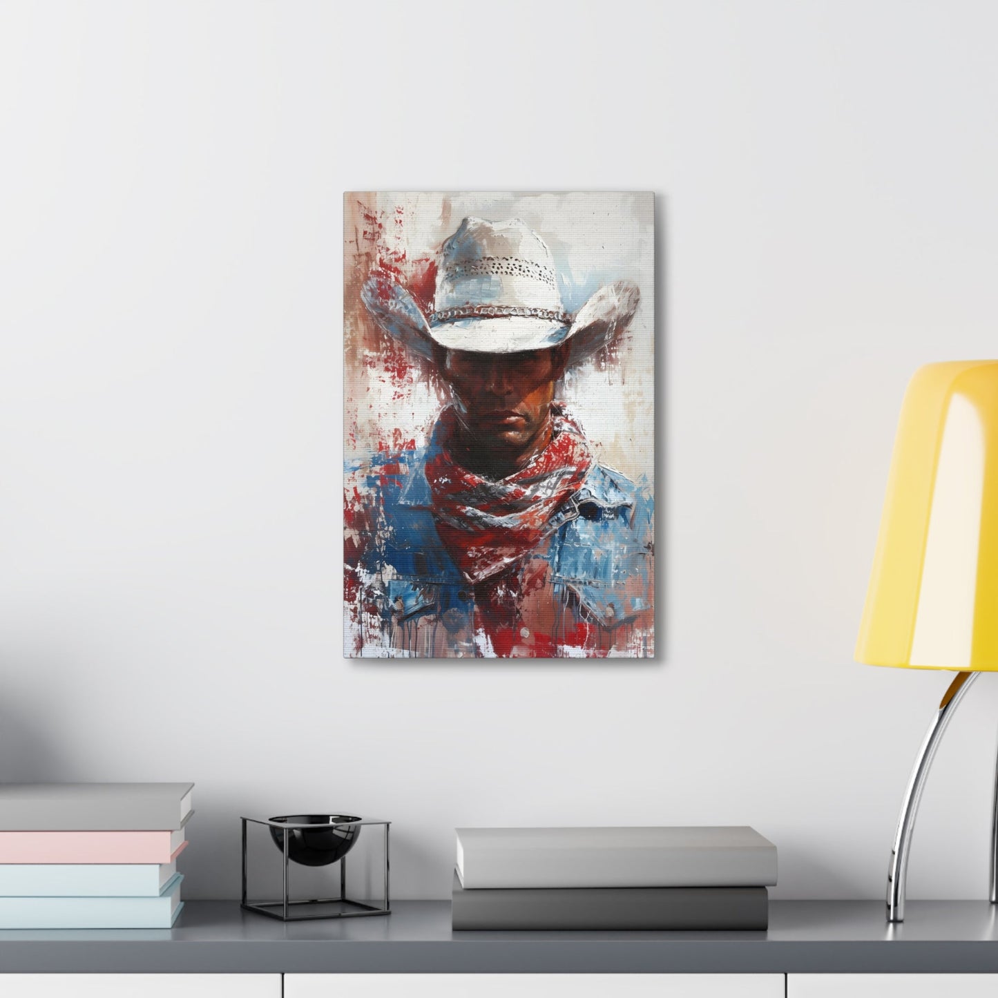 Vertical-oriented artwork: Portrait of a Cowboy II depicts a close-up portrait of a lone cowboy, his face partially obscured by a wide-brimmed hat, rendered in the Impressionist style with charming details and contrasting values, capturing the rugged beauty of the Old West.