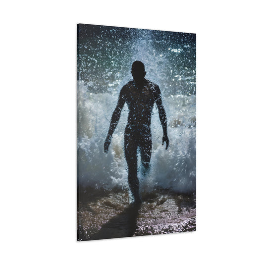 Spectral Seafarer II portrays a male silhouette walking amid celestial oceanic waves, blending ethereal beauty with the grace of the underwater world, in a stunning display of pointillism-infused art.