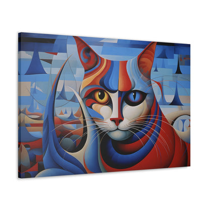 Horizontal-oriented wall art: A vibrant, cubist-inspired depiction of a cat's face, featuring bold geometric shapes and a striking mix of red, blue, and orange tones. The cat's eyes are prominently highlighted, with one eye in yellow and the other in blue, creating a captivating contrast against the abstract background.