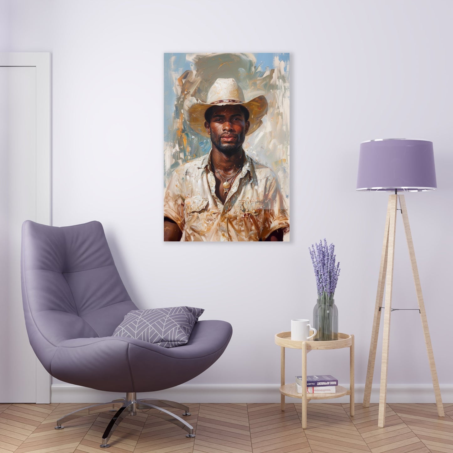 Vertical-oriented artwork: Portrait of a Cowboy IV depicts a close-up portrait of an african-american lone cowboy, his face partially obscured by a wide-brimmed hat, rendered in the Impressionist style with charming details and contrasting values, capturing the rugged beauty of the Old West.