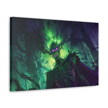 Horizontal-oriented artwork: An eerie illustration featuring a mystical lich with glowing eyes, surrounded by eldritch energies in shades of green and purple, against a dark, ominous background.