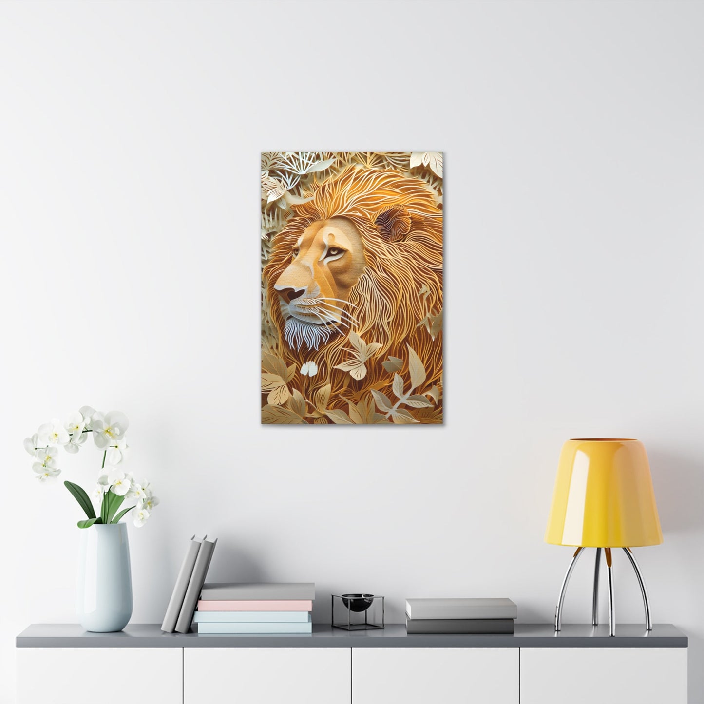 Celebrate the majestic beauty of the lion with 'Cut to the King II,' a stunning piece from our Wildlife Whims collection. This paper cutout inspired artwork captures the regal essence of the king of the jungle, with exquisite details and vibrant colors, adding a touch of the wild to your space.