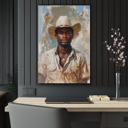 Vertical-oriented artwork: Portrait of a Cowboy IV depicts a close-up portrait of an african-american lone cowboy, his face partially obscured by a wide-brimmed hat, rendered in the Impressionist style with charming details and contrasting values, capturing the rugged beauty of the Old West.