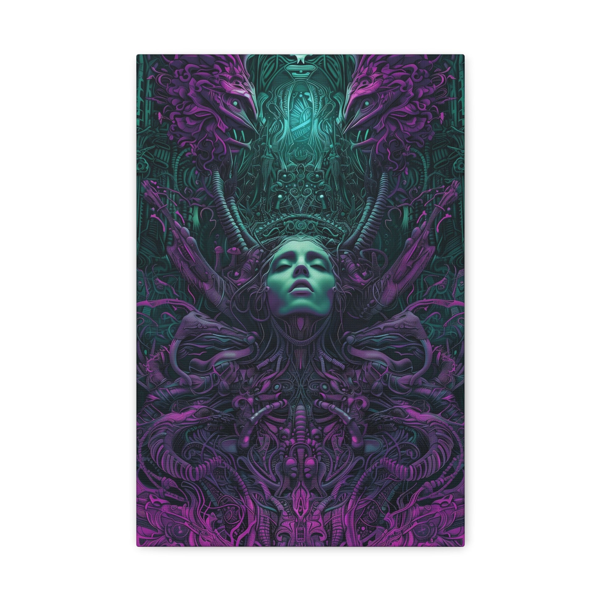 Vertical-oriented artwork: Illustration inspired artwork featuring an otherworldly queen with green skin and purple tentacles, set against a dark and mysterious background. The queen's symmetrical face and intricate design elements evoke an aura of eerie mystique.