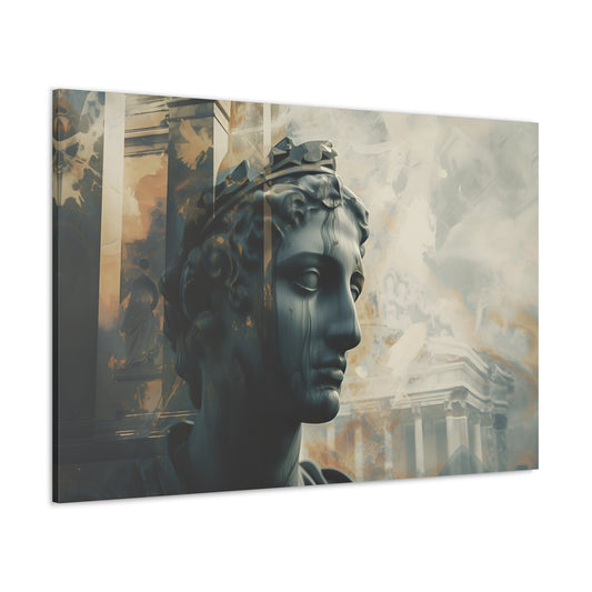 Digital Duality a horizontal oriented Neoclassical style piece that showcases a male statue-like android set against a digitally reimagined Renaissance background, creating a captivating blend of classical and modern elements in fragmented portraiture.