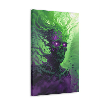 Vertical-oriented artwork: An eerie illustration featuring a mystical lich with glowing eyes, surrounded by eldritch energies in shades of green and purple, against a dark, ominous background.