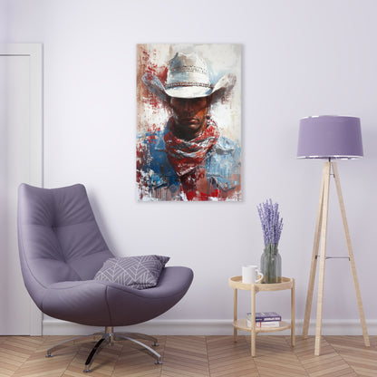 Vertical-oriented artwork: Portrait of a Cowboy II depicts a close-up portrait of a lone cowboy, his face partially obscured by a wide-brimmed hat, rendered in the Impressionist style with charming details and contrasting values, capturing the rugged beauty of the Old West.