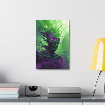 Vertical-oriented artwork: An eerie illustration featuring a mystical lich with glowing eyes, surrounded by eldritch energies in shades of green and purple, against a dark, ominous background.